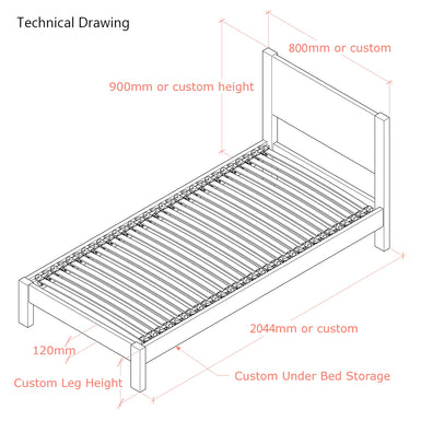 Epping | European Small Single Size 80cm x 200cm | Oak Bed Frame | Integrated Headboard